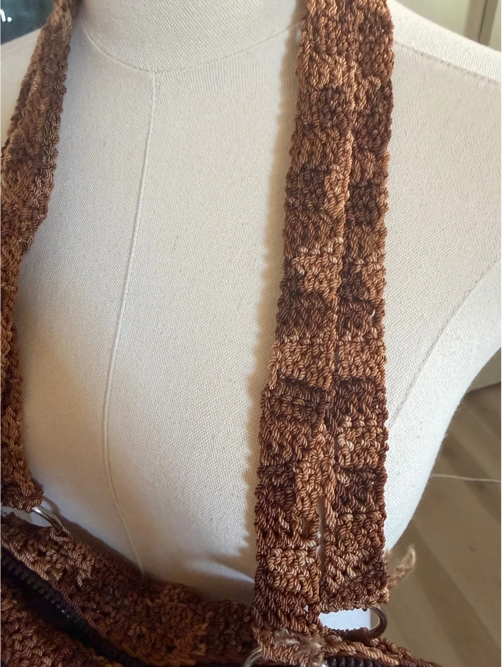 Handmade Brown 1980 soda pop Crochet Shoulder Bag with Metal Ring Details